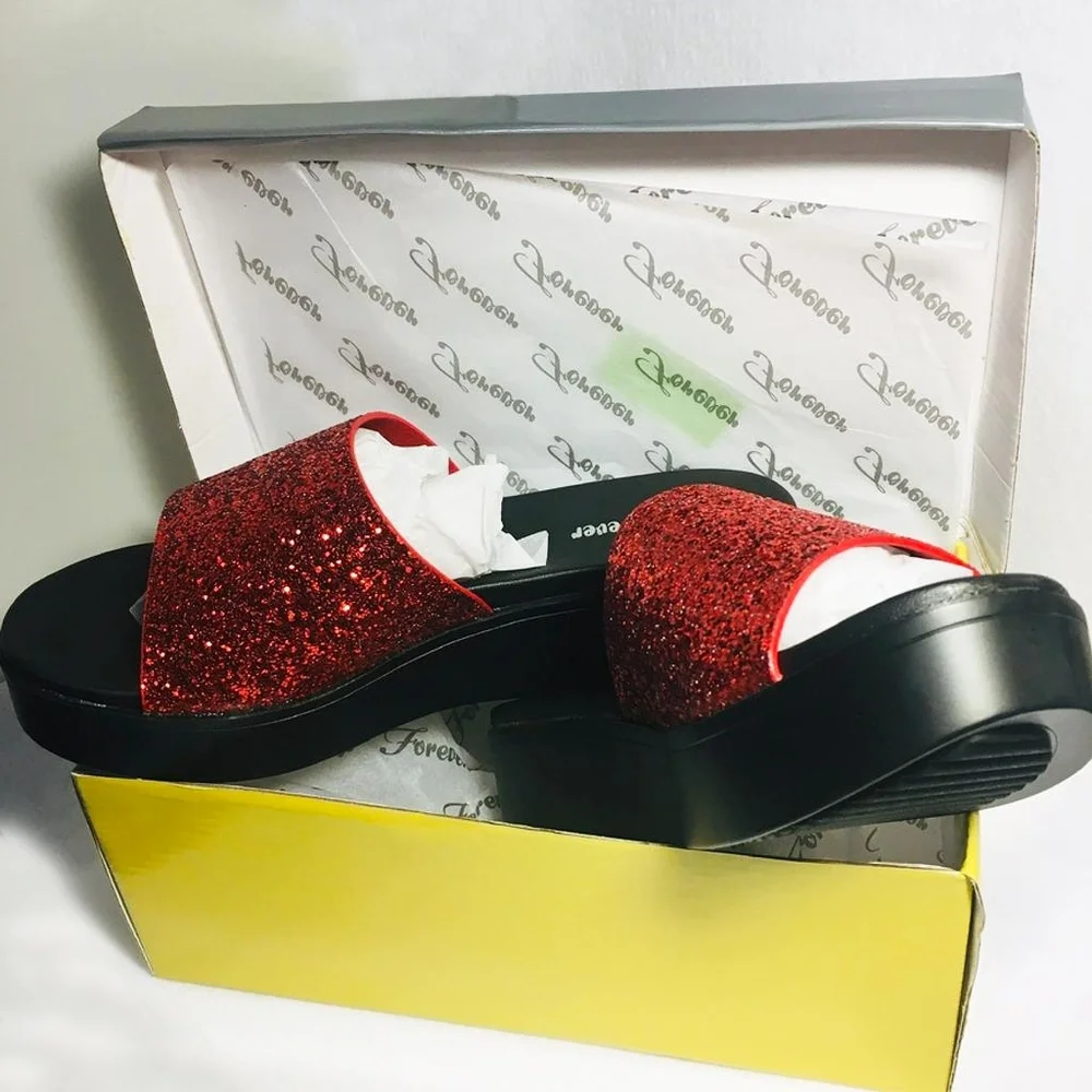 Women’s Slip On Raised Platform Sandals - Red Glitter